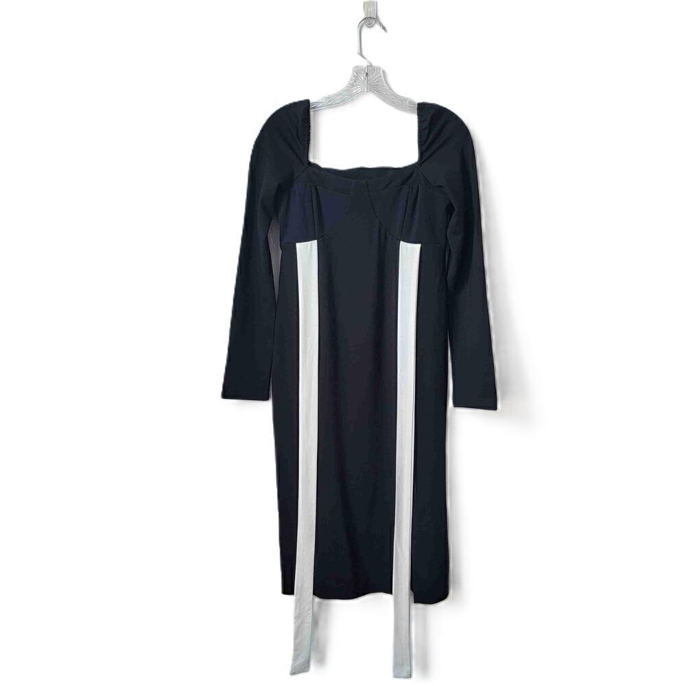 NEW Black Long Sleeve Bow Strap Square Neck Midi Dress Size Medium